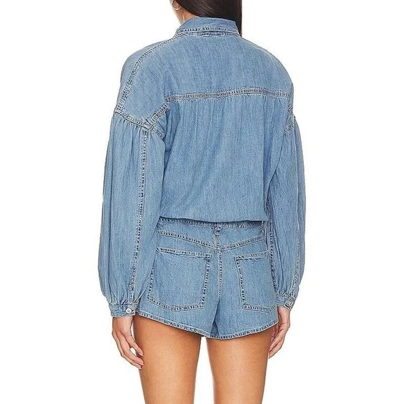 NWT Free People We The Free Zodiac Denim Chambray Romper in Moon Blue - L - Picture 3 of 8